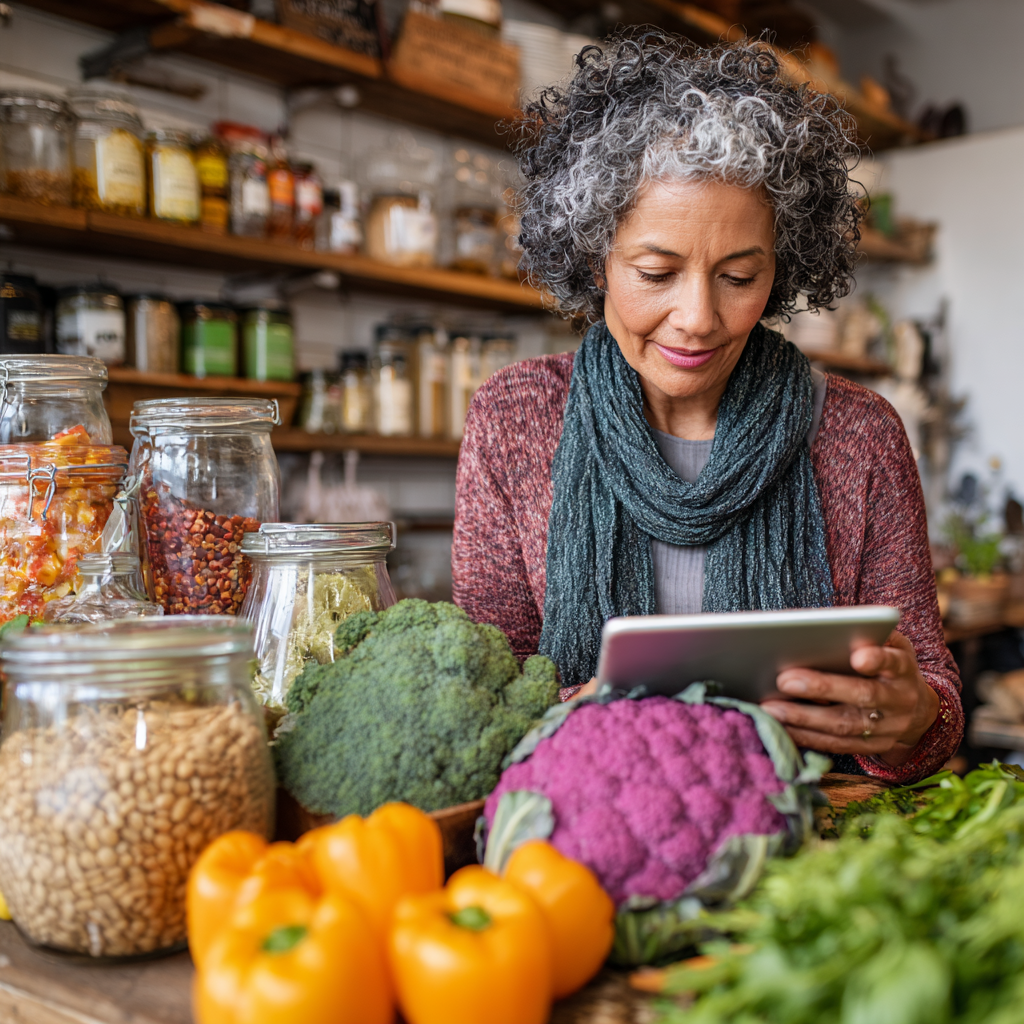 Жена на 52 години разглежда персонализираното си меню на таблет, заобиколена от разнообразни здравословни продукти