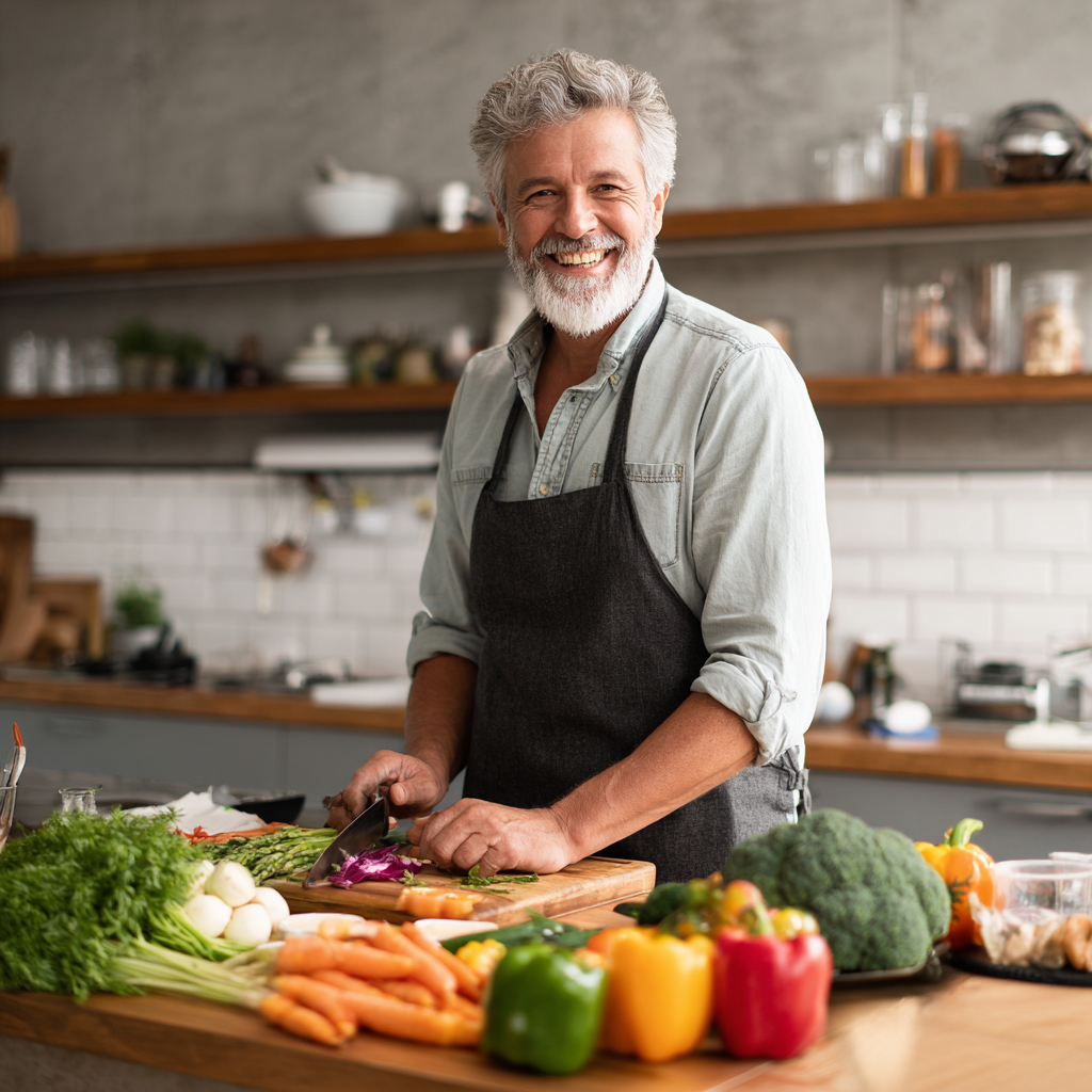 Мъж на 58 години готви здравословна храна в кухнята си, усмихнат и доволен от резултатите от jentavosh