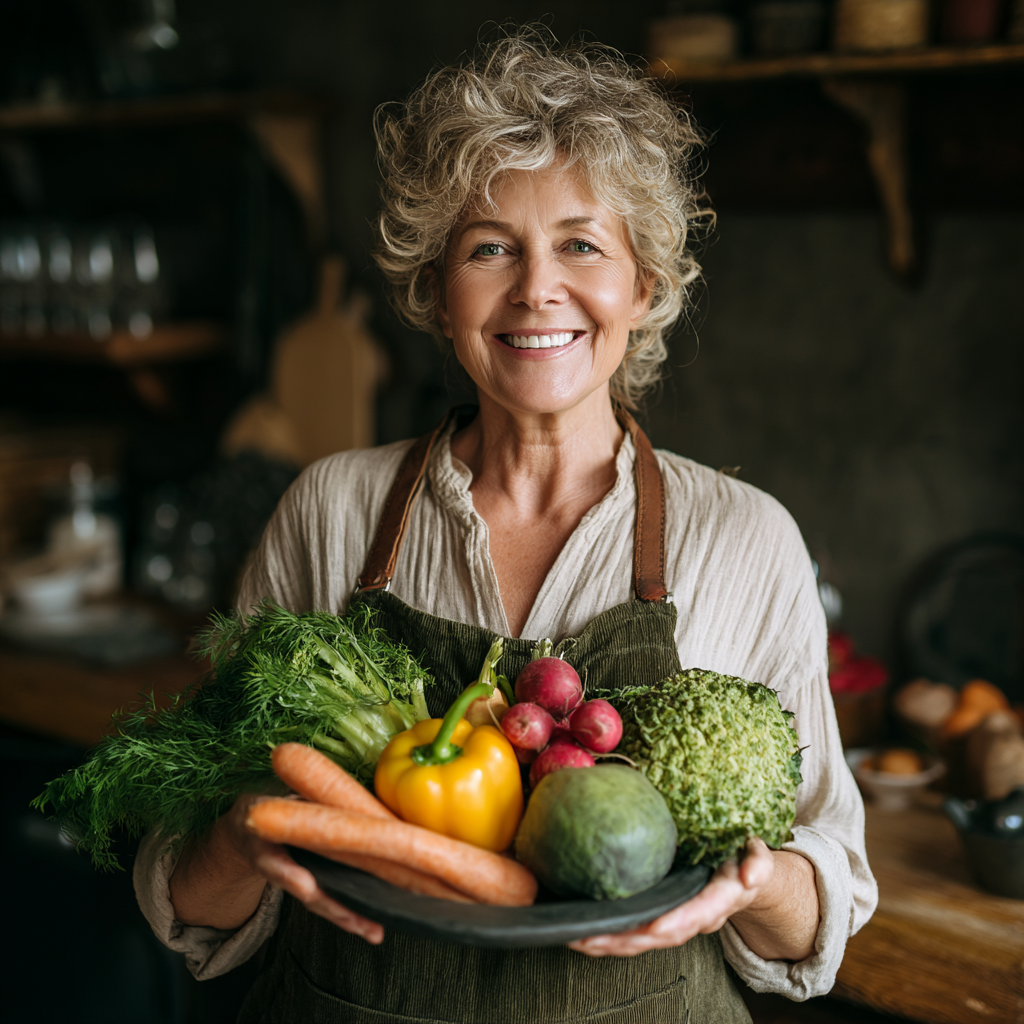 Усмихната жена на 55 години държи чиния със здравословна храна, заобиколена от пресни зеленчуци и плодове
